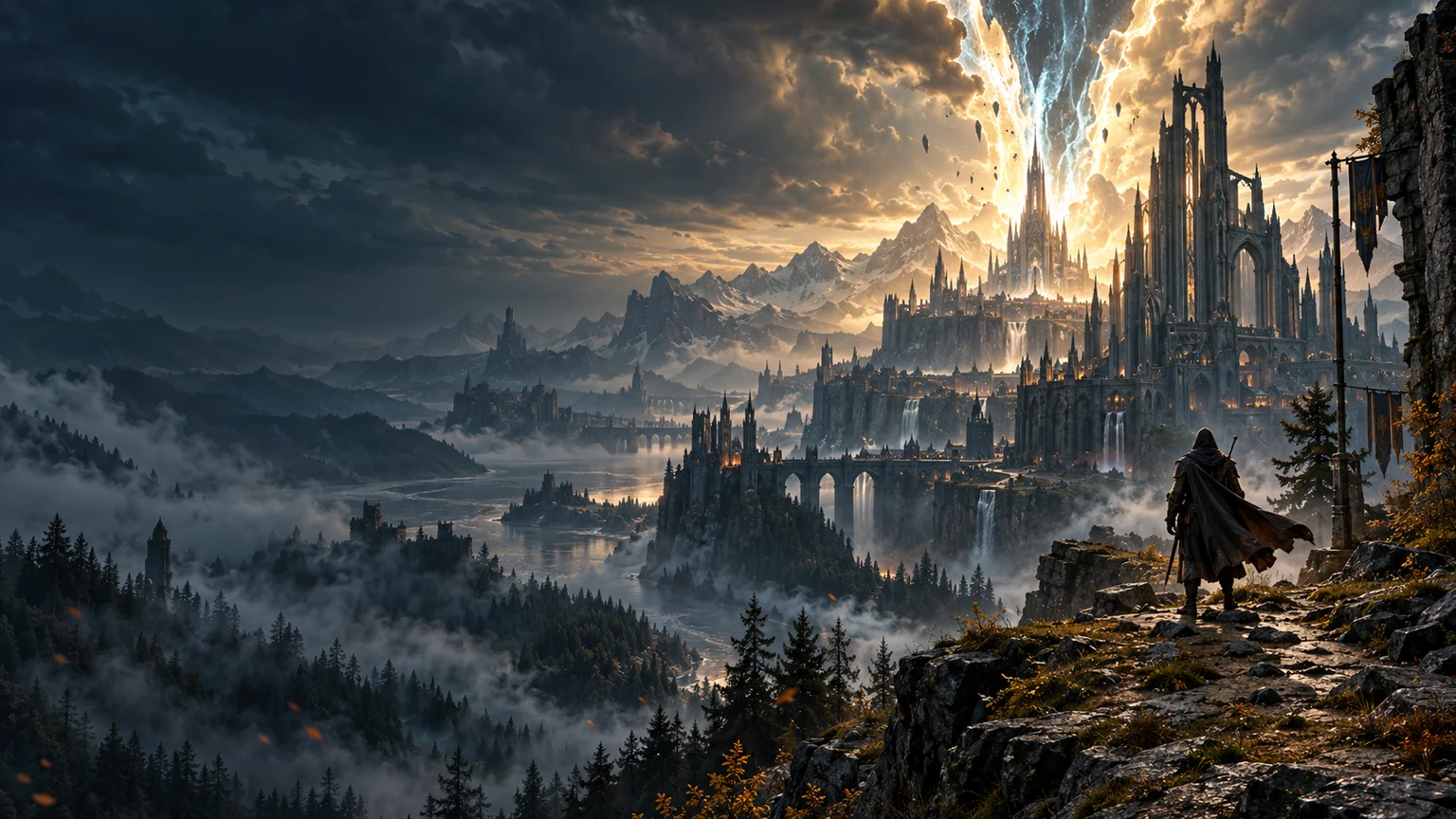 Arte conceitual de uma cidade monumental sob uma fenda luminosa no céu de Varynth